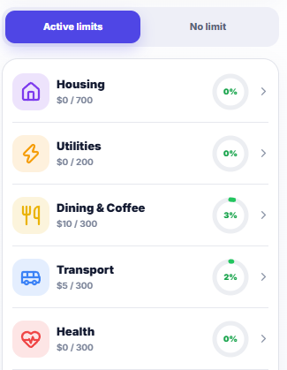 Active category limits from Paydura app